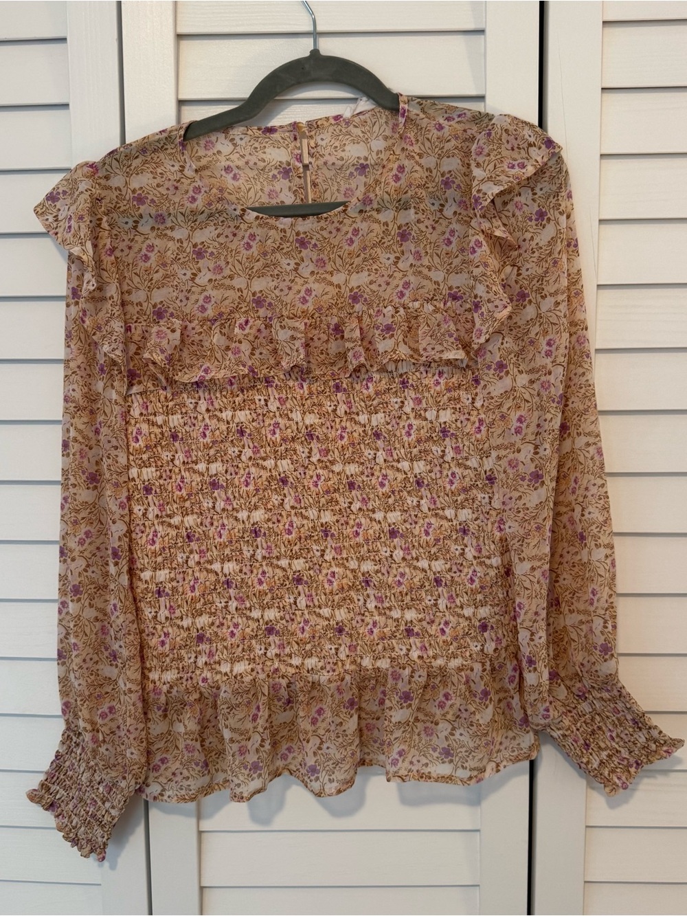 june & hudson Beige Purple Floral Smocked Ruffle Blouse, Cottagecore, Fall